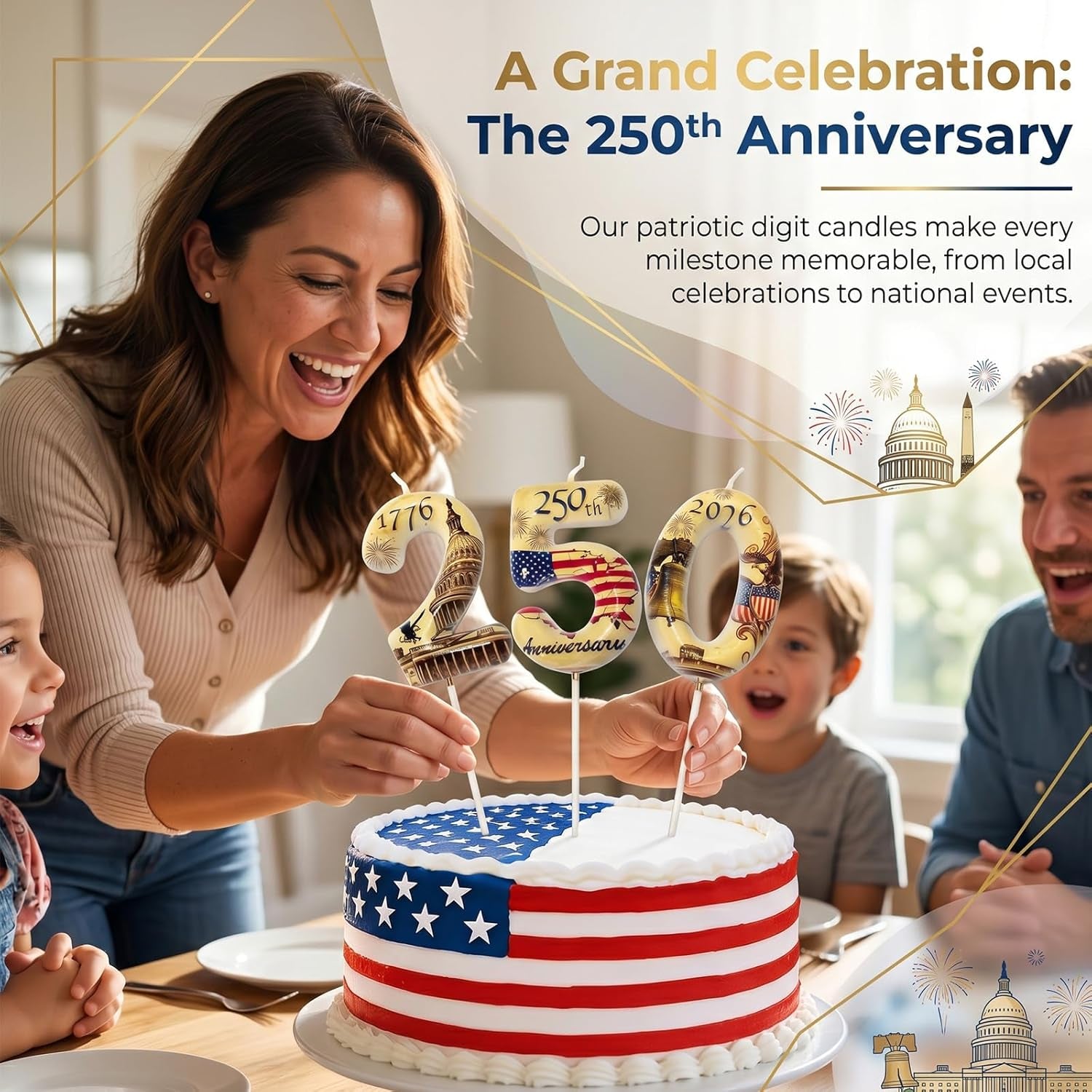 USA 250Th Anniversary Number Birthday Candles, Patriotic Themed Cake Topper for 4Th of July Independence Day & Memorial Day Party Decorations Supplies