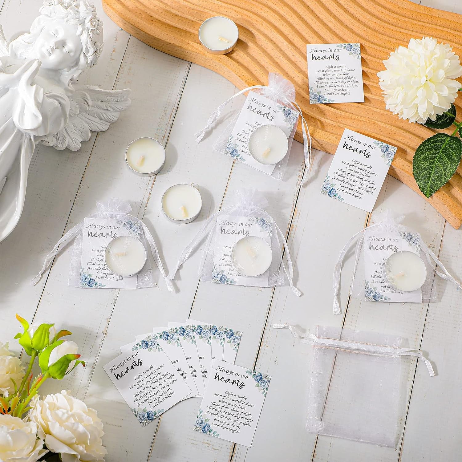 50 Set Funeral Party Favors Memorial White Candles Unscented Funeral Gifts Tealight Candles with Condolence Bereavement Cards and Organza Bags for Guest Celebration of Life Decorations (Elegant)
