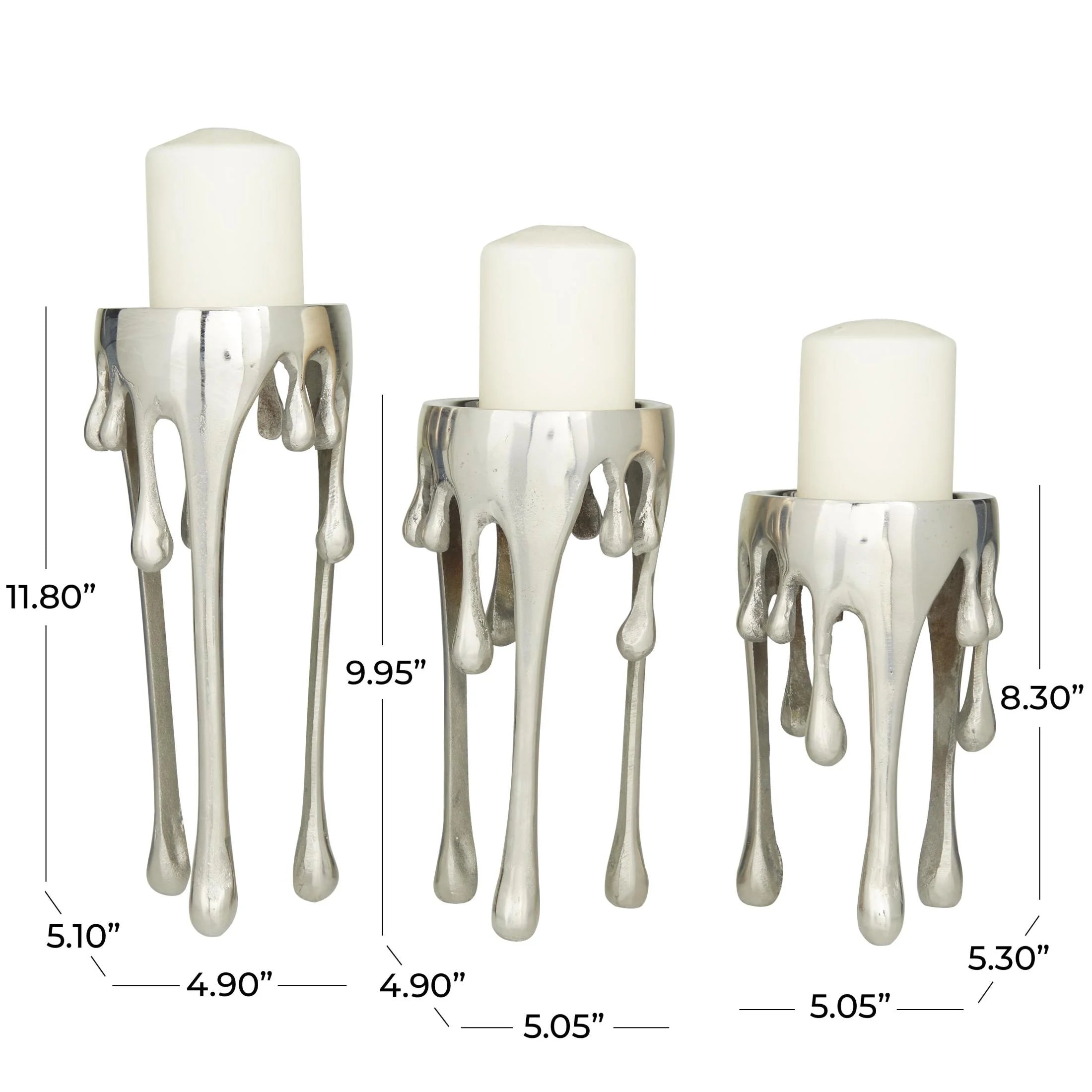 3 Candle Silver Aluminum Metal Abstract Drip Candle Holder with Melting Designed Legs, Set of 3