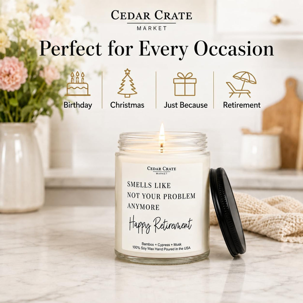 Humorous Retirement Gift Candle | Smells like Not Your Problem Anymore | Happy Retirement Hand Poured Soy Wax Jar Candle | Funny Bamboo Cypress Scented | USA Made Eco Friendly