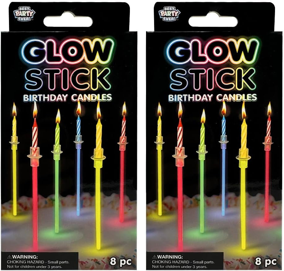 Glow Stick Birthday Candles for Cake, Glowing Party Favors, 2 Pack (16 Total)