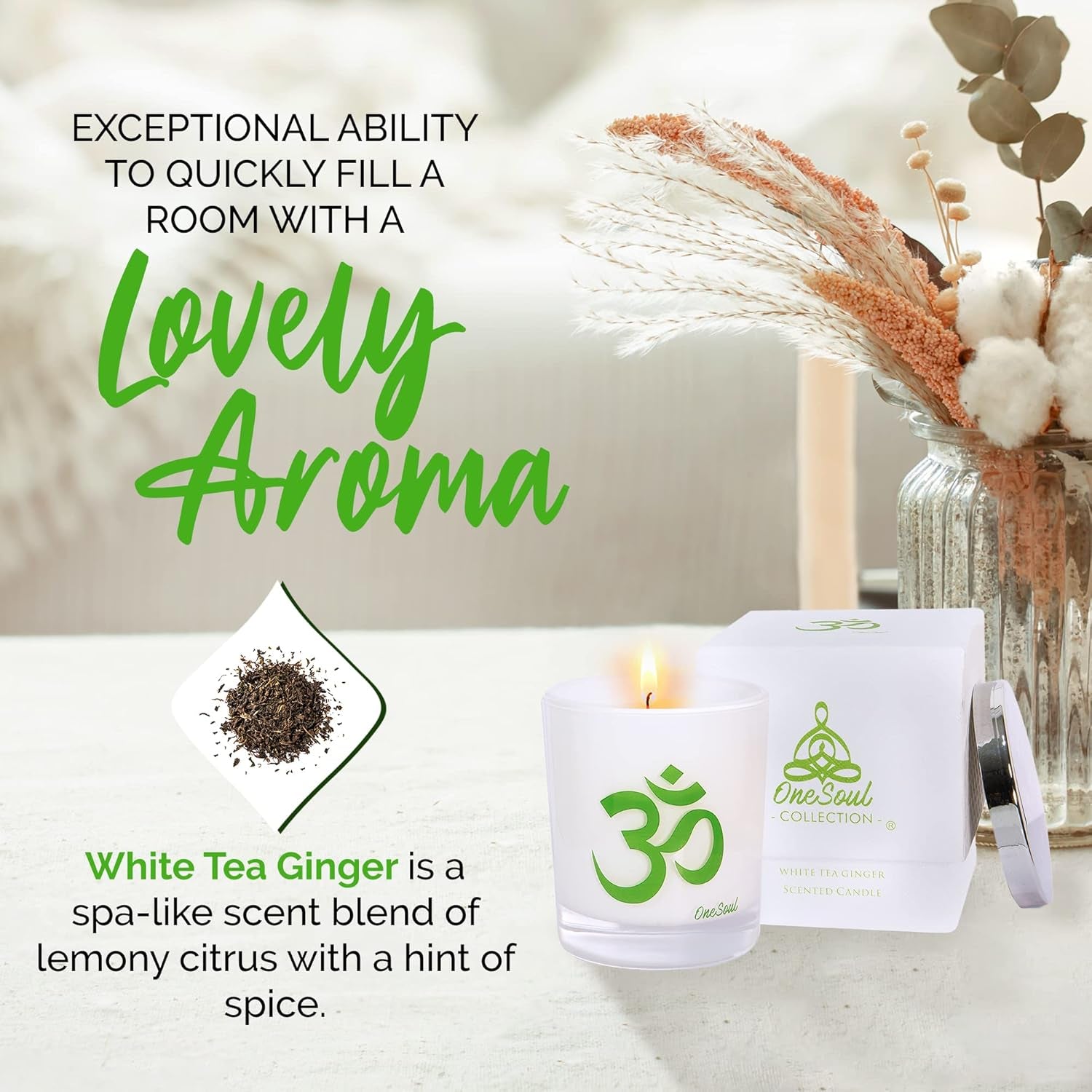 White Tea Ginger Aromatherapy Scented Candles, Luxury Spa Lemony Citrus Yoga Candles for Home Scented with Om Design, Hand-Poured Soy Candles, 50 Hours Burning Time, 7.6 Oz. -