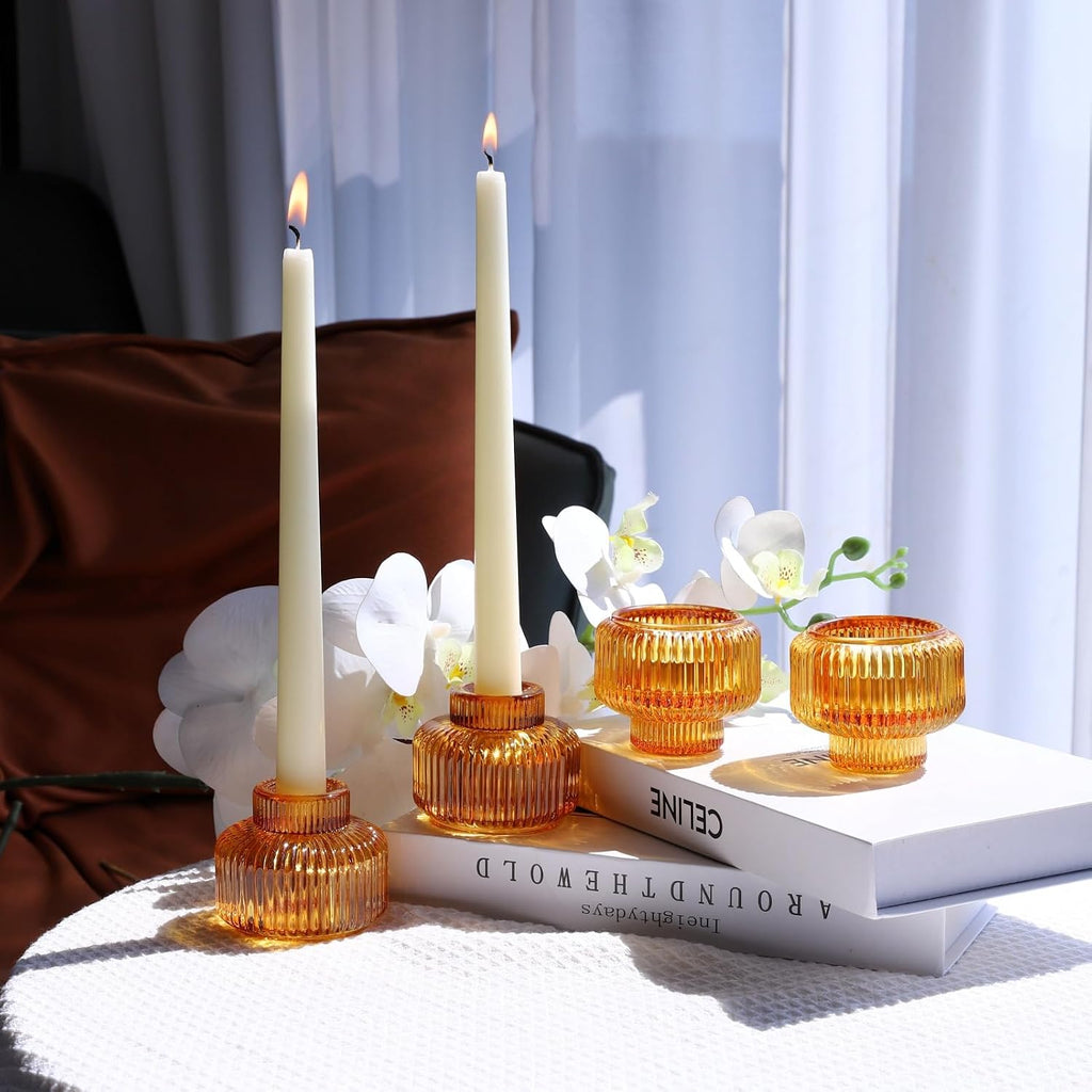 Candlestick Holders Set of 4, Amber Votive Candle Holders for Fall Wedding Table Centerpiece, Ribbed Glass Taper Candle Holders for Dinner Party Halloween Thanksgiving Decor