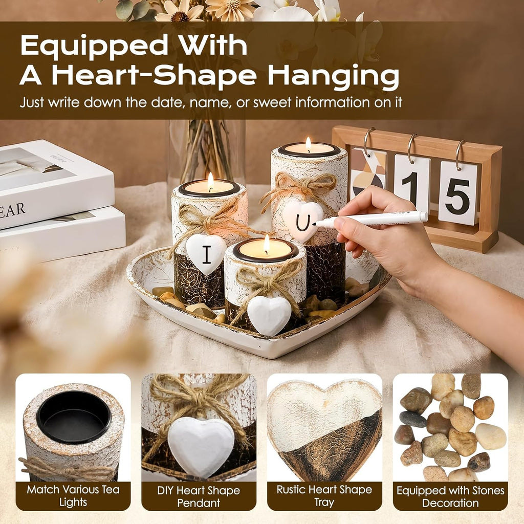 Farmhouse Candle Holders 3 Pack Rustic Wooden Pillar Candle Holder with Heart Tray and Stones Tealight Candles Holders Farmhouse Centerpiece for Coffee Table Mothers Day Valentines Home Decor