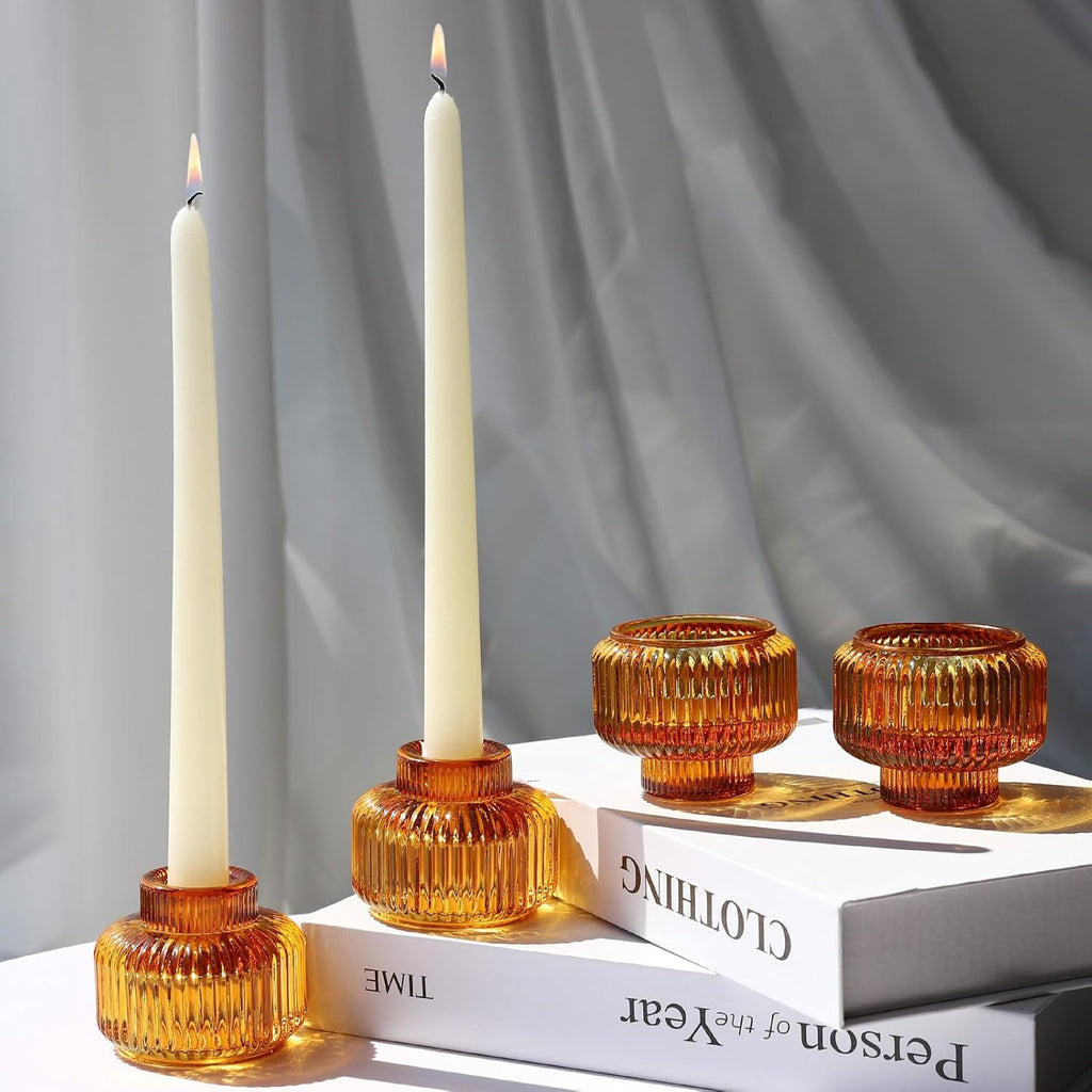 Candlestick Holders Set of 4, Amber Votive Candle Holders for Fall Wedding Table Centerpiece, Ribbed Glass Taper Candle Holders for Dinner Party Halloween Thanksgiving Decor