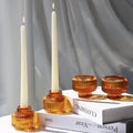 Candlestick Holders Set of 4, Amber Votive Candle Holders for Fall Wedding Table Centerpiece, Ribbed Glass Taper Candle Holders for Dinner Party Halloween Thanksgiving Decor