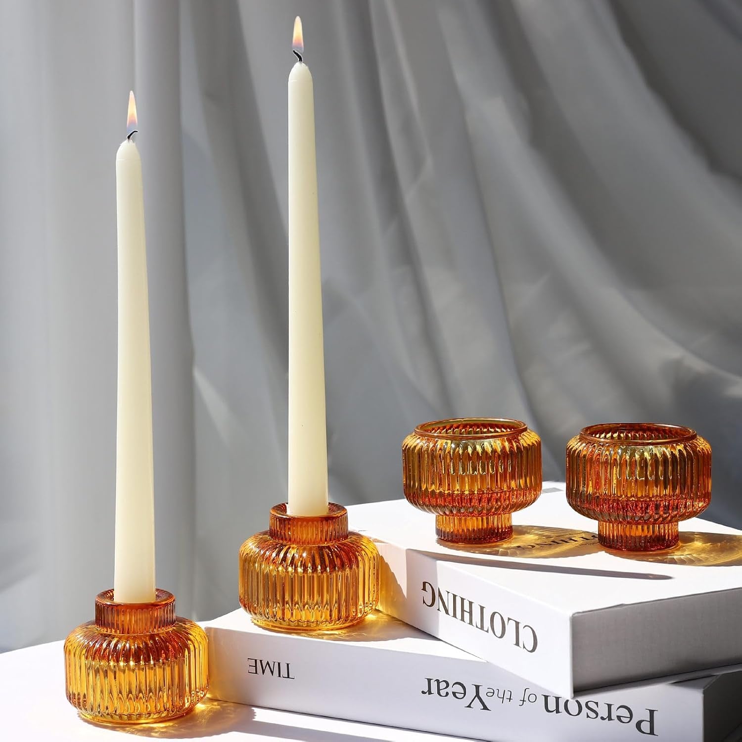 Candlestick Holders Set of 4, Amber Votive Candle Holders for Fall Wedding Table Centerpiece, Ribbed Glass Taper Candle Holders for Dinner Party Halloween Thanksgiving Decor