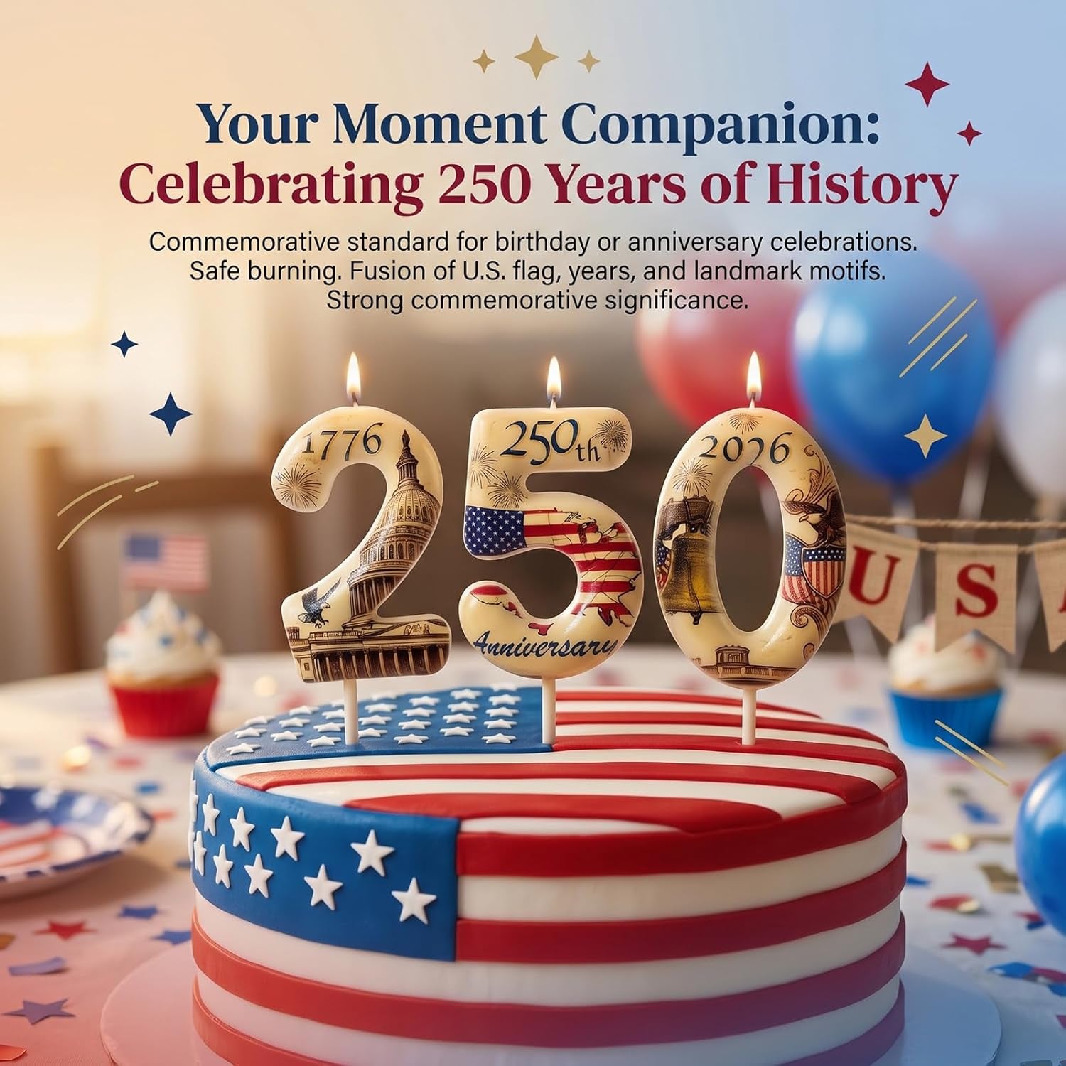 USA 250Th Anniversary Number Birthday Candles, Patriotic Themed Cake Topper for 4Th of July Independence Day & Memorial Day Party Decorations Supplies