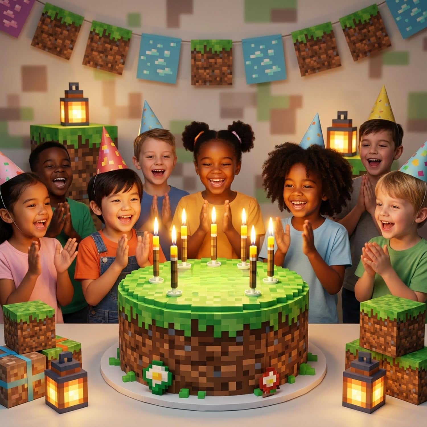 Gamer Birthday Cake Torch Candles | Video Game Happy Birthday Party Decorations for Kids | Birthday Cake Toppers Party Supplies Decor for Boys and Girls | Pack of 9 Wax Free Cake Protection and Spikes