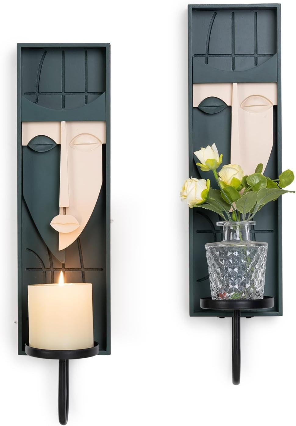 Set of 2 Boho Wall Decor, Modern Abstract Face Candle Sconces, Artistic Sculptural Design, 17.7 X 4.33 X 5.1 Inches, Blackish Green