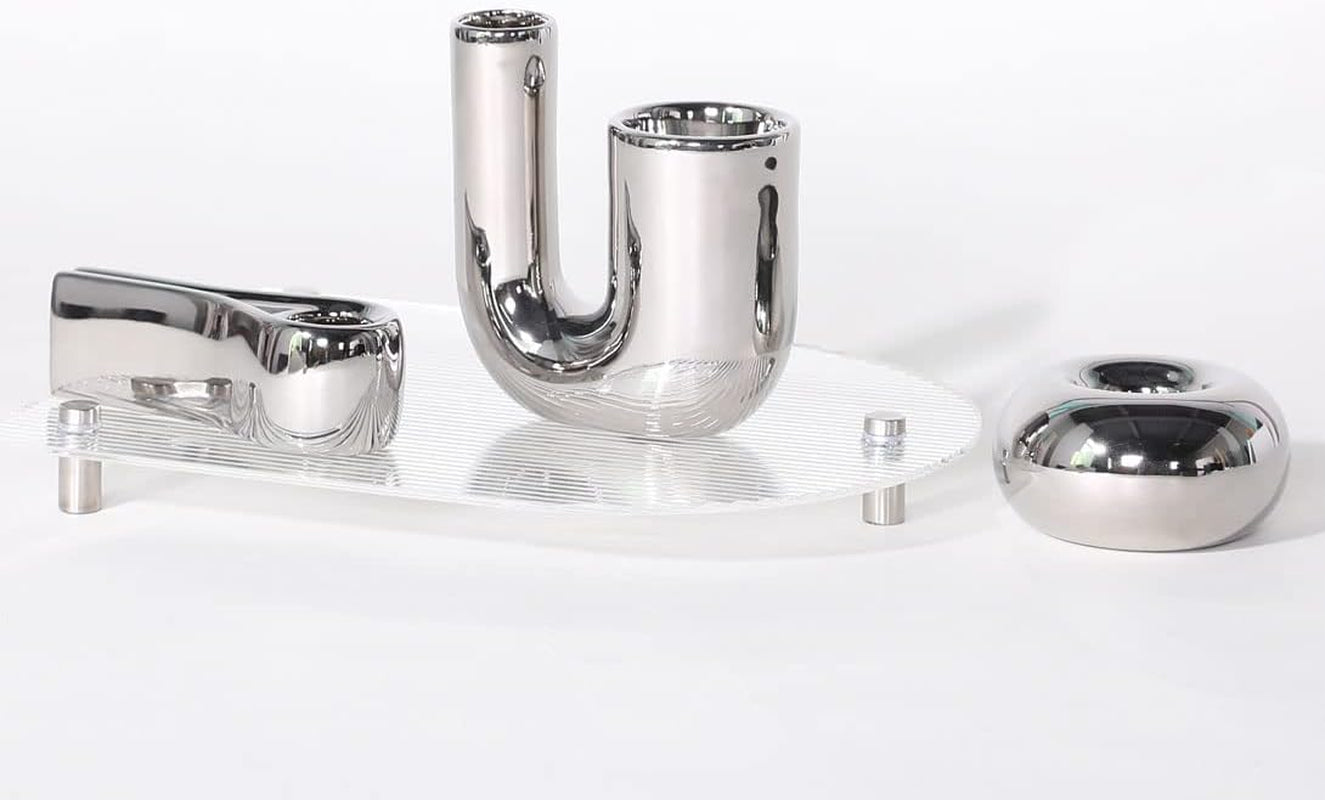 Silver Candlestick Holders, Decorative Taper Candle Holder Set Decor for Table Centerpiece Fireplace, Modern Silver Candle Holders Set, Aesthetic Ceramic Candle Stick Holder