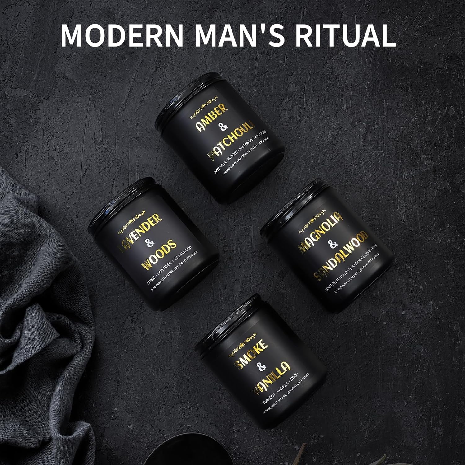 Scented Candles for Men, 4 Pack Mens Candle Gift Set, Relaxation Candles for Home Scented, 28Oz Soy Wax Aromatherapy Candles of Lavender/Patchouli/Sandalwood/Smoke & Vanilla