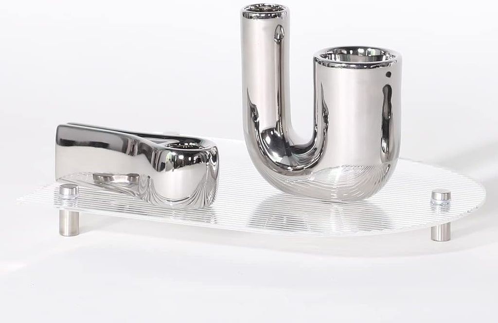 Silver Candlestick Holders, Decorative Taper Candle Holder Set Decor for Table Centerpiece Fireplace, Modern Silver Candle Holders Set, Aesthetic Ceramic Candle Stick Holder