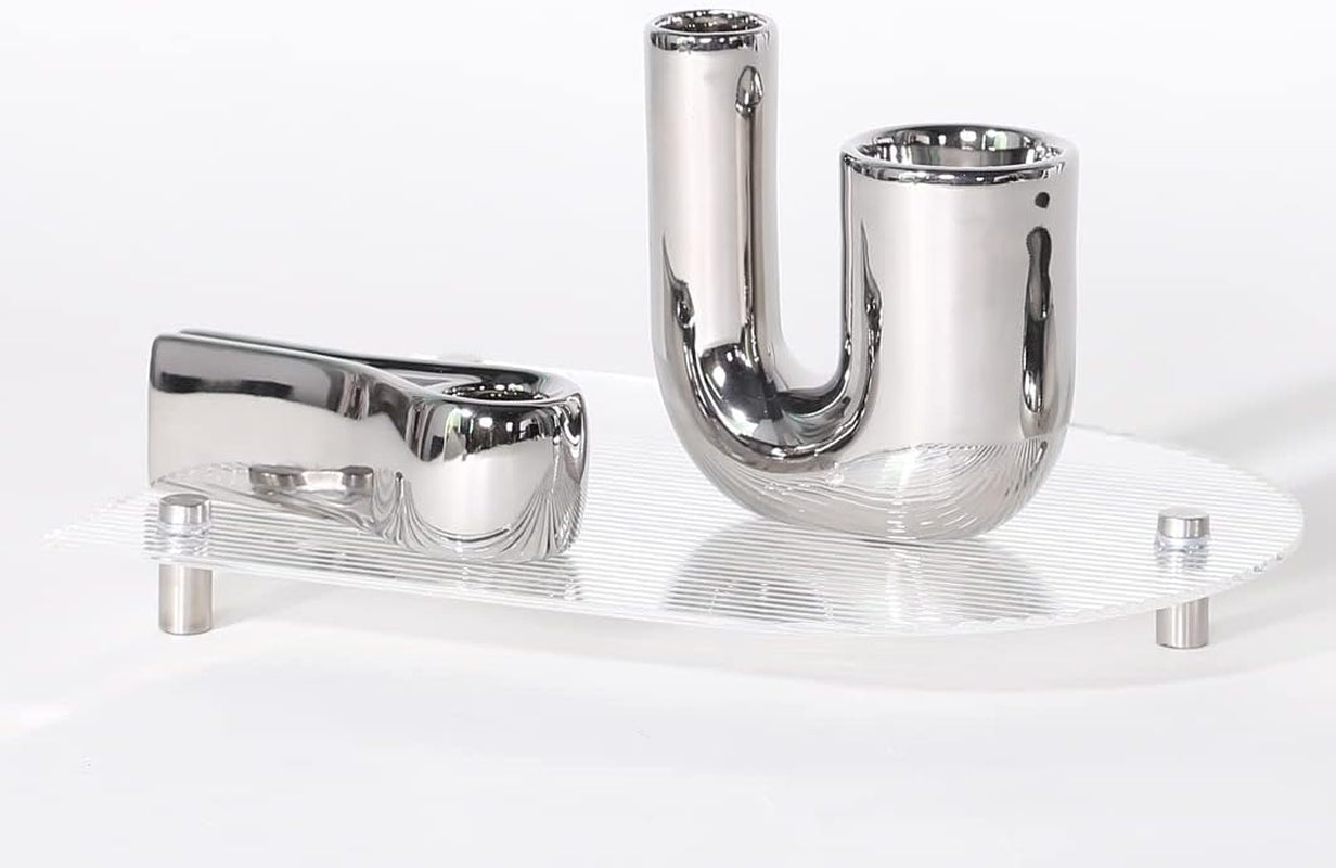 Silver Candlestick Holders, Decorative Taper Candle Holder Set Decor for Table Centerpiece Fireplace, Modern Silver Candle Holders Set, Aesthetic Ceramic Candle Stick Holder