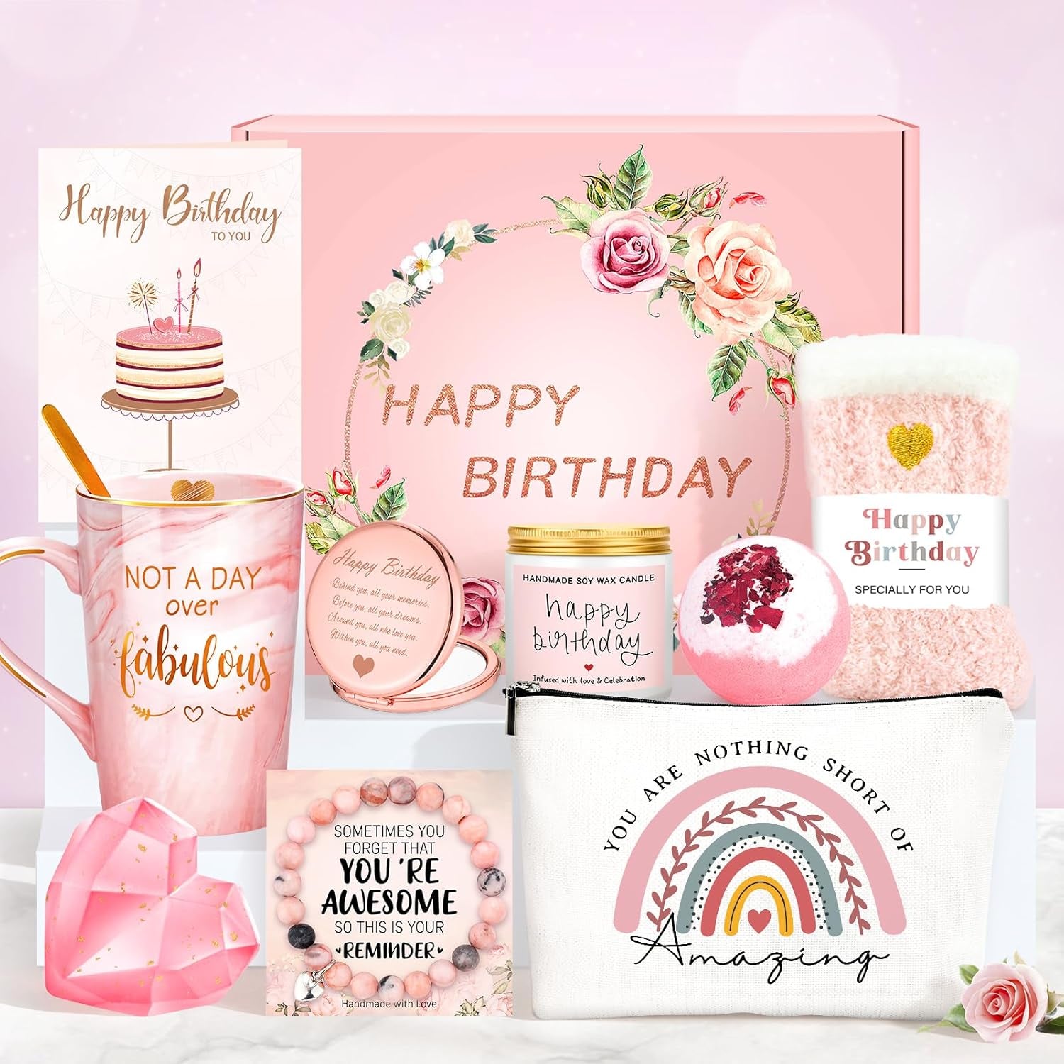 Birthday Gifts for Women Happy Birthday Gift Baskets for Women Unique Not a Day over Fabulous Mug Gift Ideas Pink Gifts Box Set Presents for Her Friends Mom Sister Wife Coworkers Daughter Aunt Mom