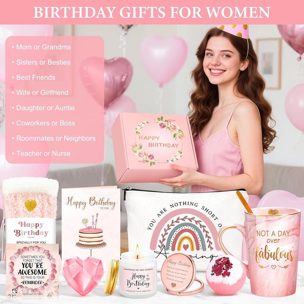 Birthday Gifts for Women Happy Birthday Gift Baskets for Women Unique Not a Day over Fabulous Mug Gift Ideas Pink Gifts Box Set Presents for Her Friends Mom Sister Wife Coworkers Daughter Aunt Mom