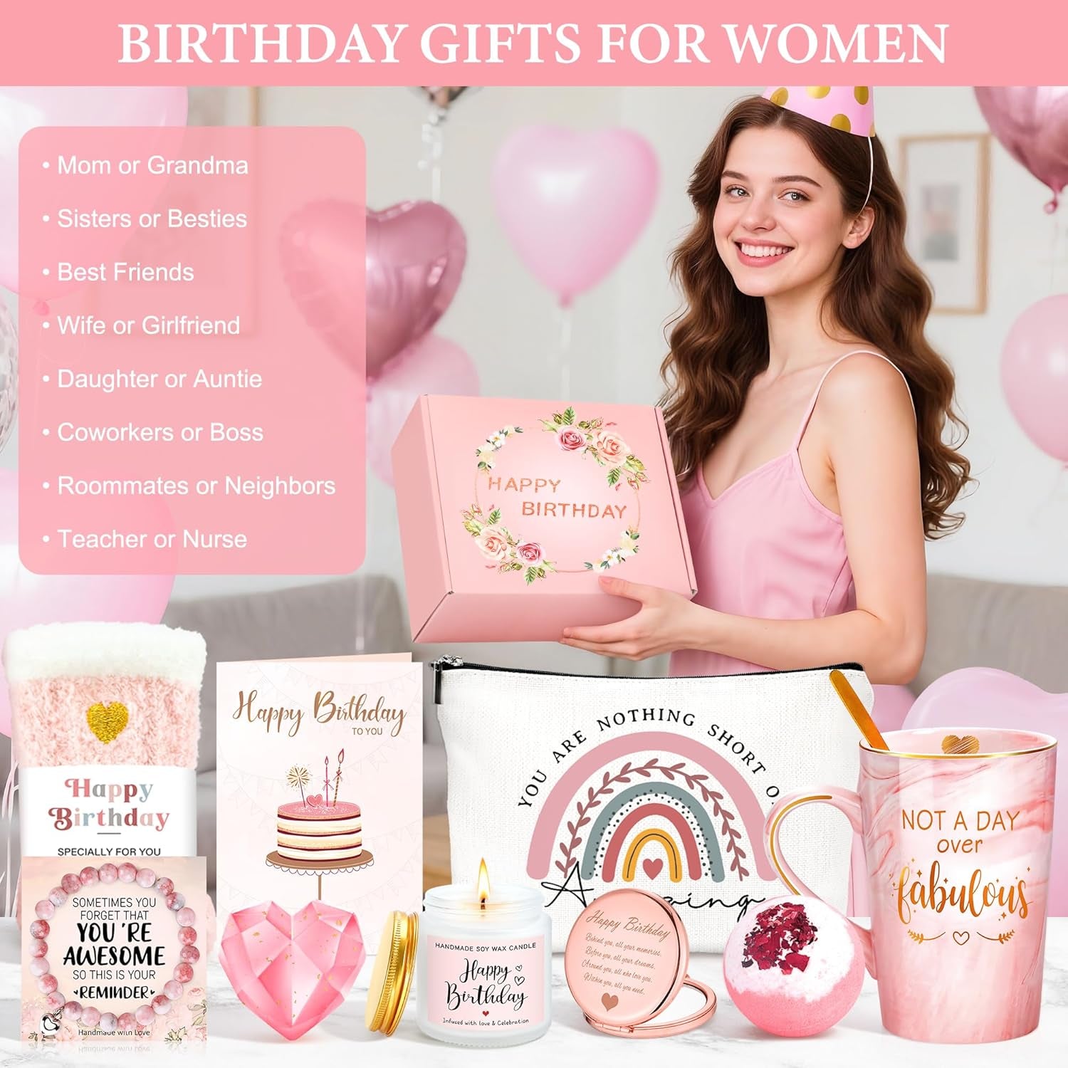 Birthday Gifts for Women Happy Birthday Gift Baskets for Women Unique Not a Day over Fabulous Mug Gift Ideas Pink Gifts Box Set Presents for Her Friends Mom Sister Wife Coworkers Daughter Aunt Mom