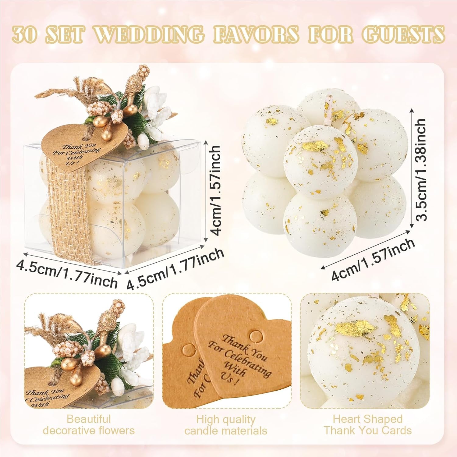 Mini Bubble Candles Wedding Favors Gifts for Guests 1.57" X 1.38" Bubble Candles with Cards Dried Flowers DIY Gift Set for Baptism Party Bridal Shower Thank You Gifts(Gold Foil,30 Sets)