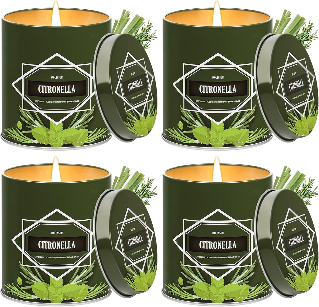 Citronella Candles Outdoor 4-Pack, Total 36Oz Citronella Candles for outside Patio, Camping & Garden, Summer Gifts for Indoor Home Scented, 50-Hour Burn Time, 9 Ounce Each
