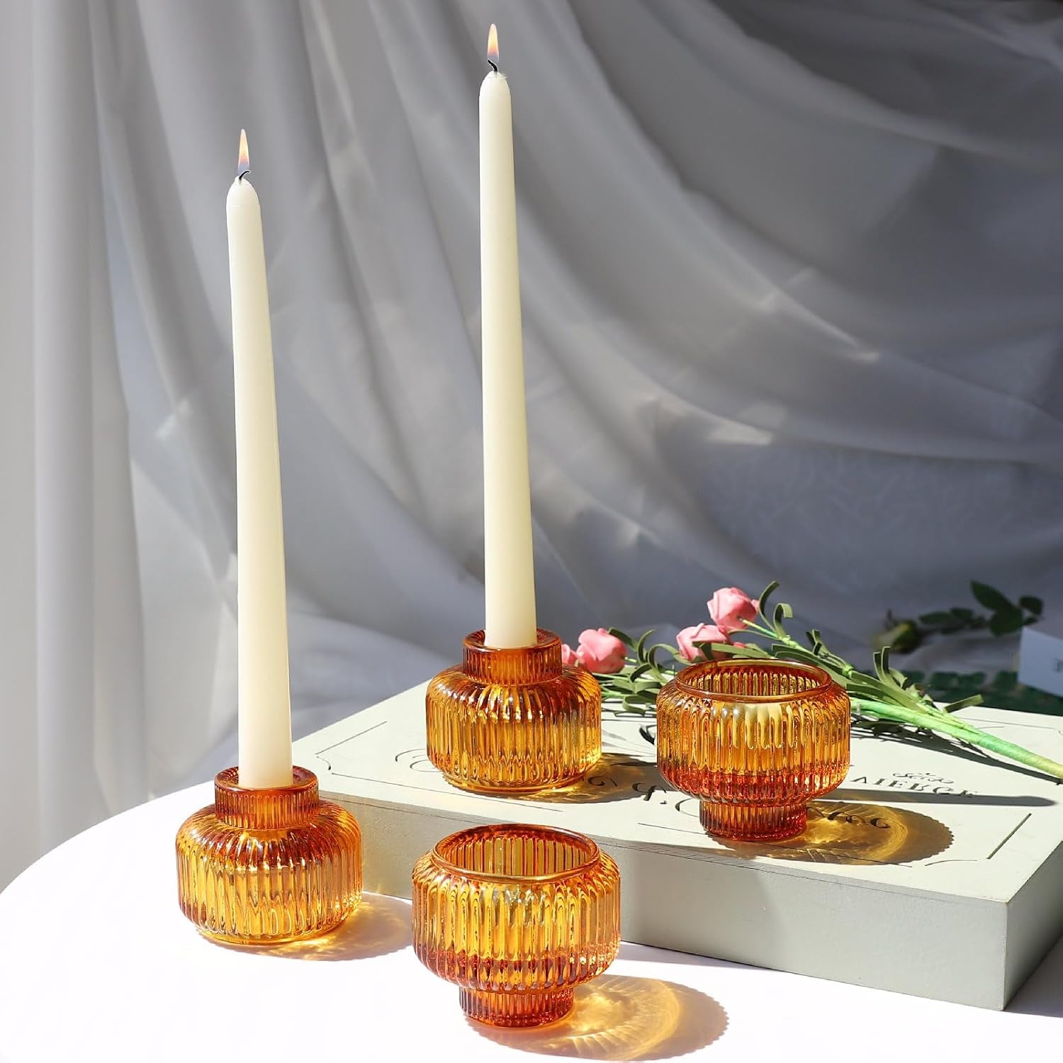 Candlestick Holders Set of 4, Amber Votive Candle Holders for Fall Wedding Table Centerpiece, Ribbed Glass Taper Candle Holders for Dinner Party Halloween Thanksgiving Decor