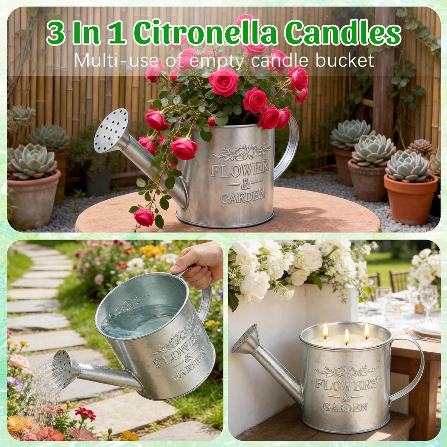 Citronella Candles Outdoor,20Oz Large 3-Wick Citronella Candle for Outside,Natural Soy Wax Candle for Patio,Yard,Home Decor,Backyard & Camping,Lemongrass Candles & Watering & Planting 3 in 1