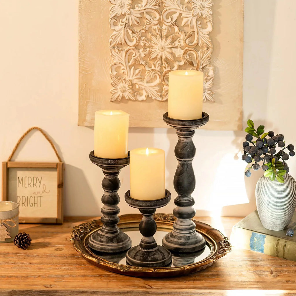 Farmhouse Candle Holders for Pillar Candles， Rustic Wooden Pillar Candles Holder Set of 3 Tall Table Centerpiece Decor Fireplace Mantle（Black）