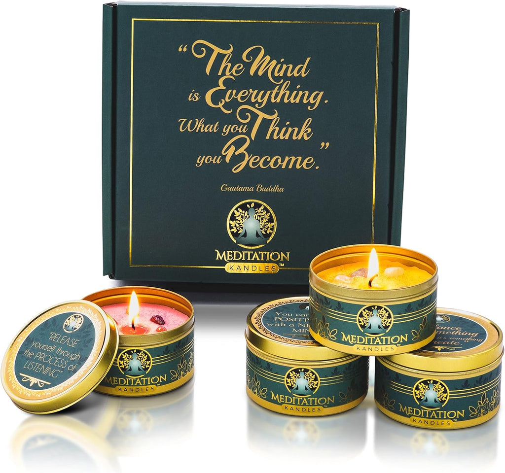 Meditation Candles with Crystals | Natural Aromatherapy Candles for Relaxation & Healing | Stress Relief Candles for Yoga, Meditation & Self Care | 5Oz Each 4 Pack Gift Set