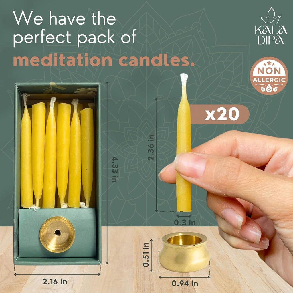 20 Minute Beeswax Meditation Candles – Set of 20 Mini Taper Candles with Brass Candle Holders, Dripless & Smokeless – Ritual, Yoga & Mindfulness Gift –