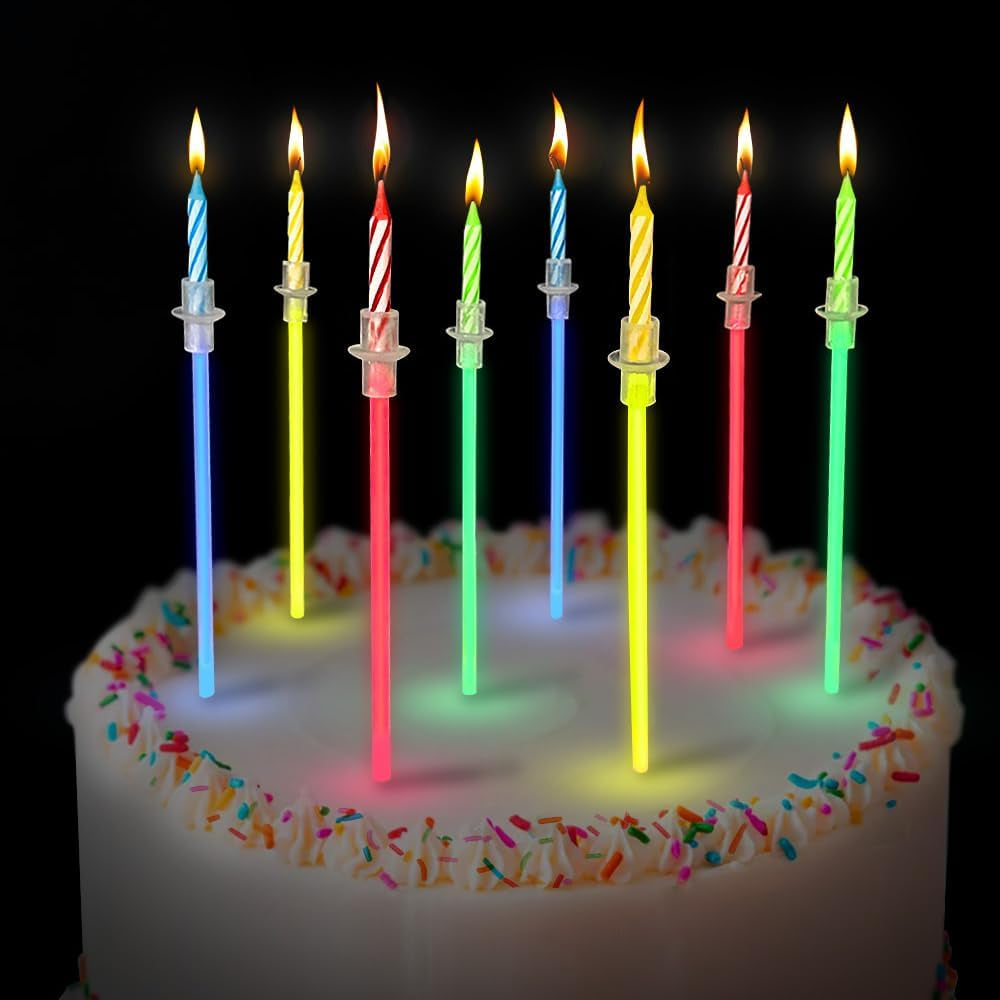 Glow Stick Birthday Candles for Cake, Glowing Party Favors, 2 Pack (16 Total)