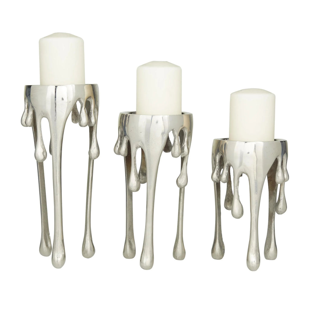 3 Candle Silver Aluminum Metal Abstract Drip Candle Holder with Melting Designed Legs, Set of 3