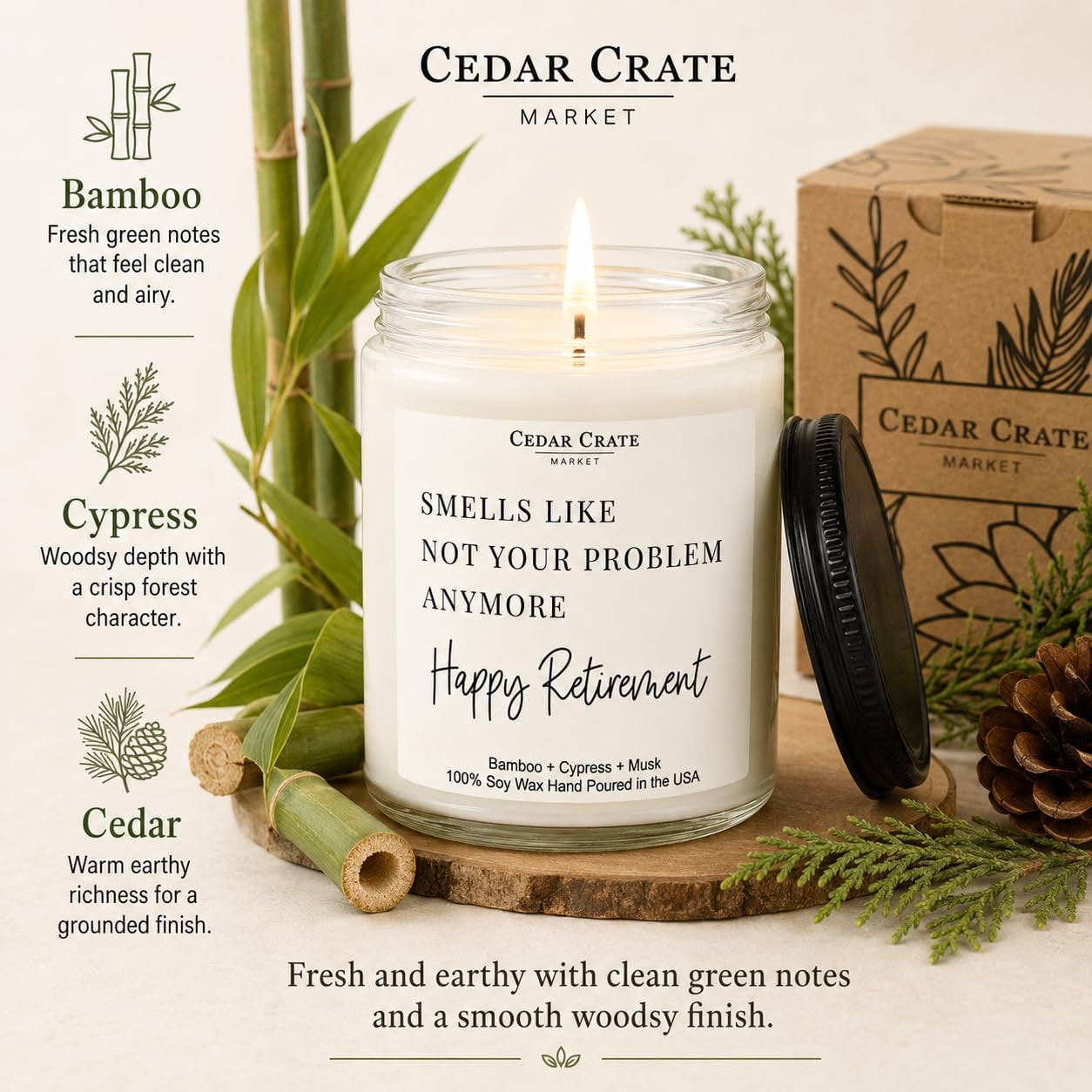 Humorous Retirement Gift Candle | Smells like Not Your Problem Anymore | Happy Retirement Hand Poured Soy Wax Jar Candle | Funny Bamboo Cypress Scented | USA Made Eco Friendly