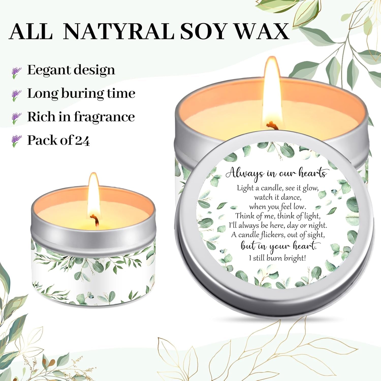 24 Pcs Celebration of Life Decorations Funeral Memorial Candles Funeral Keepsakes Favors for Guests Sympathy Candle for Loss of Loved One Bereavement Gifts(White,Greenery)