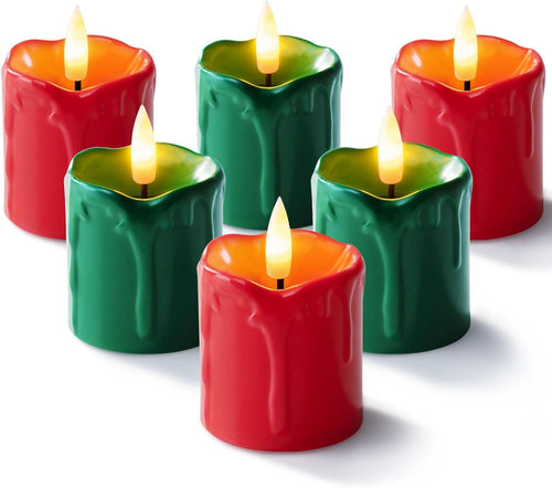 2" X 2" Green & Red Timer Flickering Flameless Candles, 400+ Hour Battery Operated Votive Candles, 6Pack 3D Wick Electric Fake Candles for Party, Christmas, Halloween and Festival Celebration