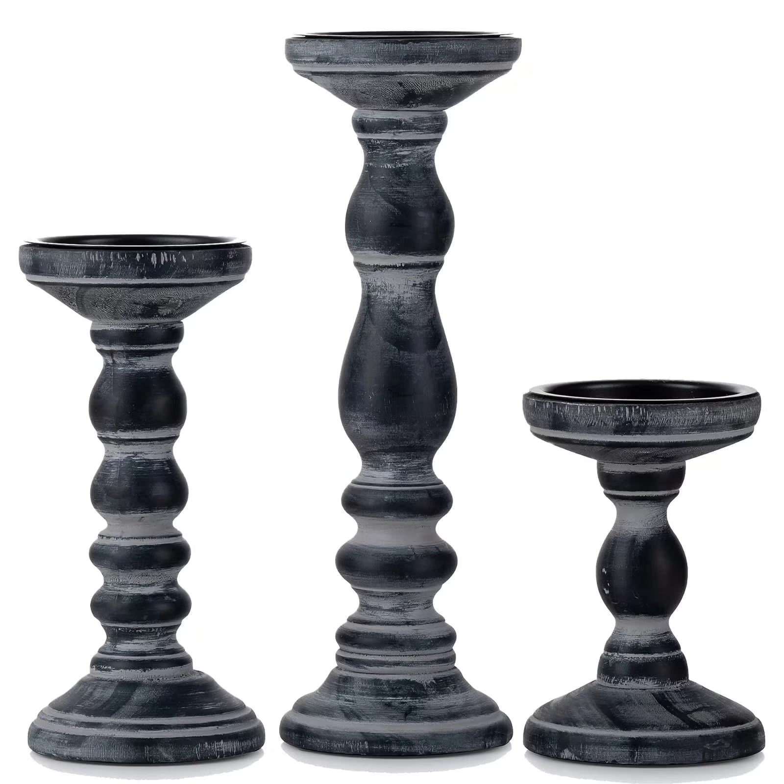Farmhouse Candle Holders for Pillar Candles， Rustic Wooden Pillar Candles Holder Set of 3 Tall Table Centerpiece Decor Fireplace Mantle（Black）