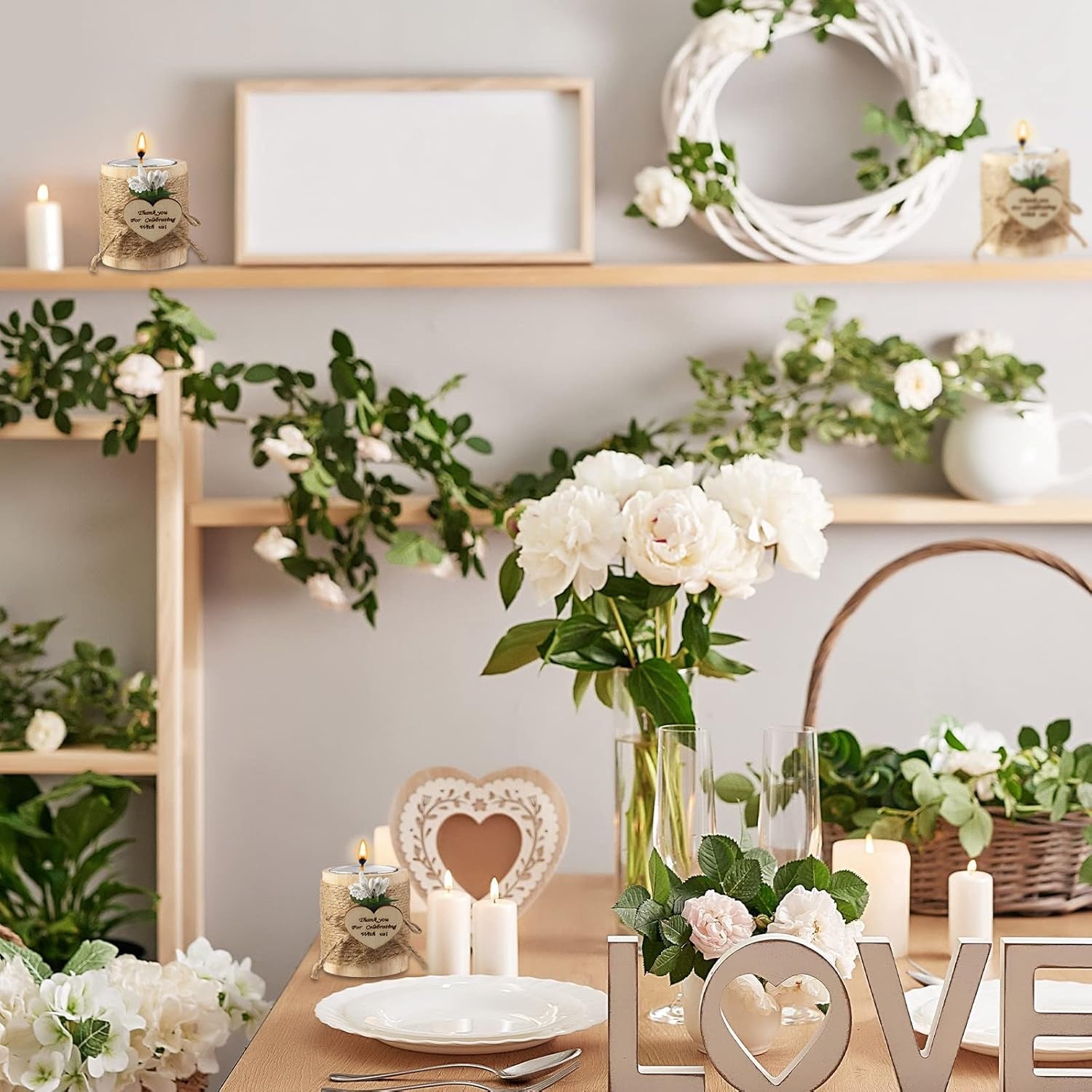 12 Pcs Wood Tealight Candle Holder Bridal Shower Tealight Holder Rustic Wooden Cylinder Candle Holders with Tea Lights Candles for Wedding Baby Shower Party Favors Gift(Natural Color)