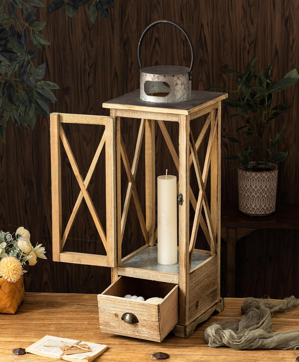 Large Farmhouse Wooden Candle Lantern Set of 2, Rustic Floor Candle Lanterns Wit