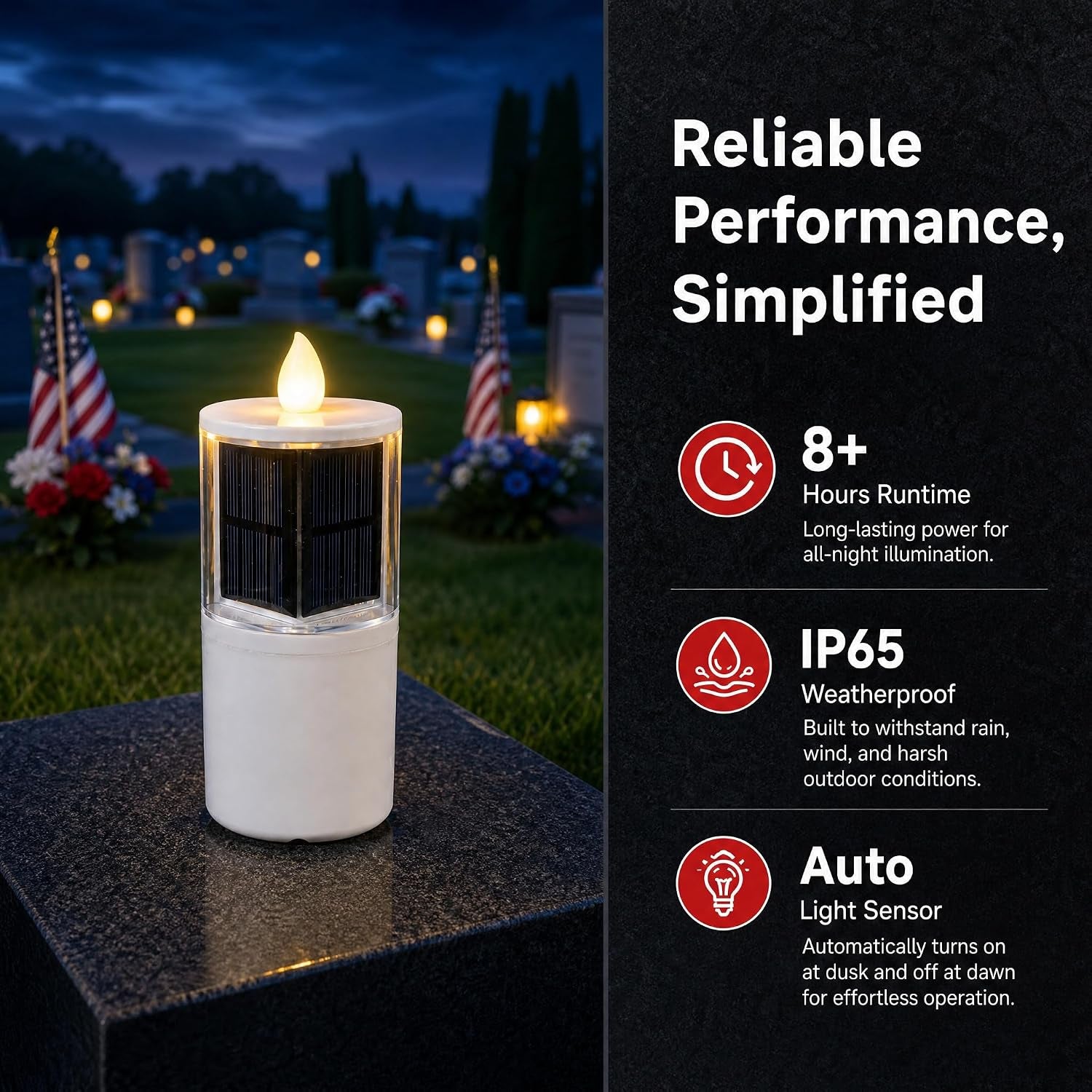 Solar Candles for Cemetery, 2.5"X6.5" Dusk to Dawn Memorial Grave Candle, Outdoor Waterproof Eternal Flame for Gravesite, Permanent Replacement for Traditional 7-Day Burning Candle (Set of 4)