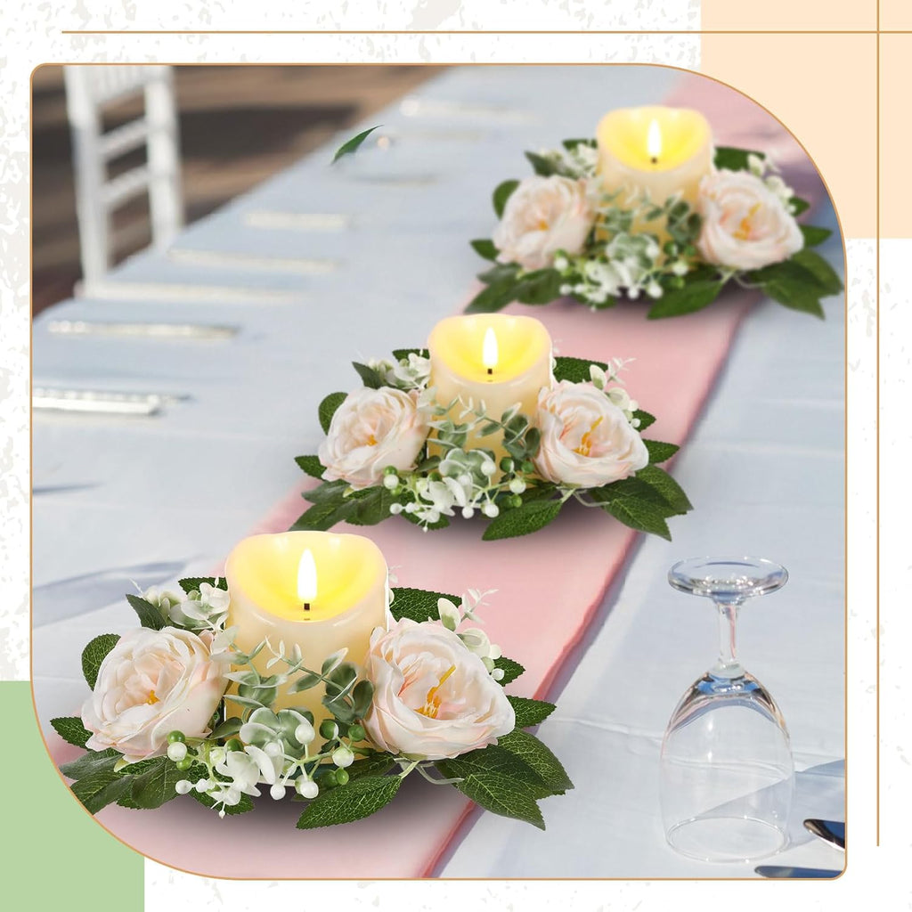 16 Set Rose Candle Rings Wreaths 3 Inch Center with Flameless LED Candles Artificial Rose Light Garland Fake Electric Votive Tealights Bulk Funeral Wedding Table Centerpieces Decor(Champagne)