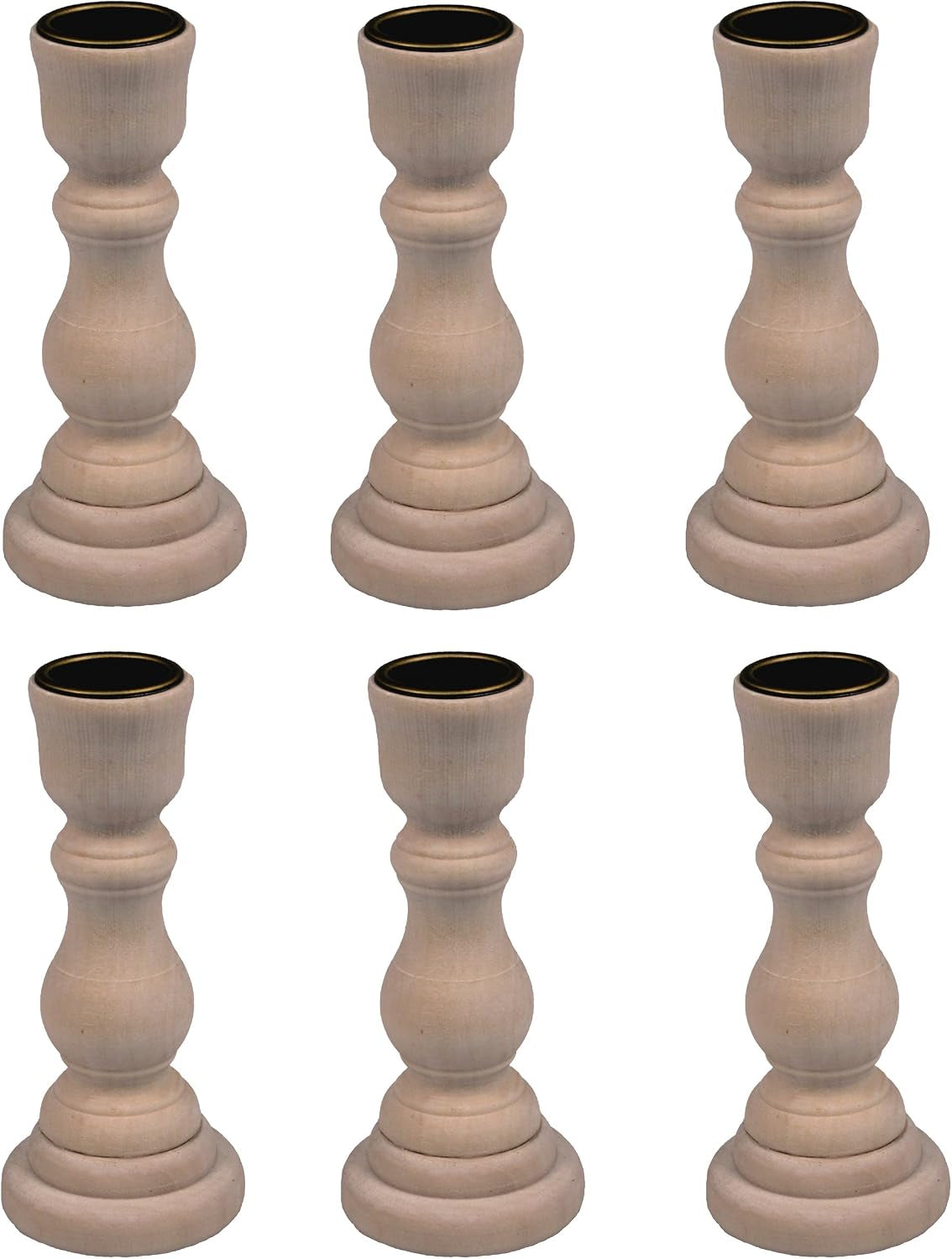 4 Inch Tall Unfinished Wooden Candlesticks with Metal Candle Holder Cup Center - Wholesale Pack of 6