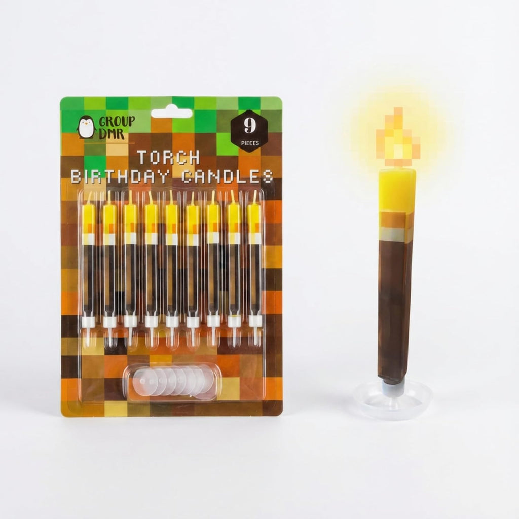 Gamer Birthday Cake Torch Candles | Video Game Happy Birthday Party Decorations for Kids | Birthday Cake Toppers Party Supplies Decor for Boys and Girls | Pack of 9 Wax Free Cake Protection and Spikes