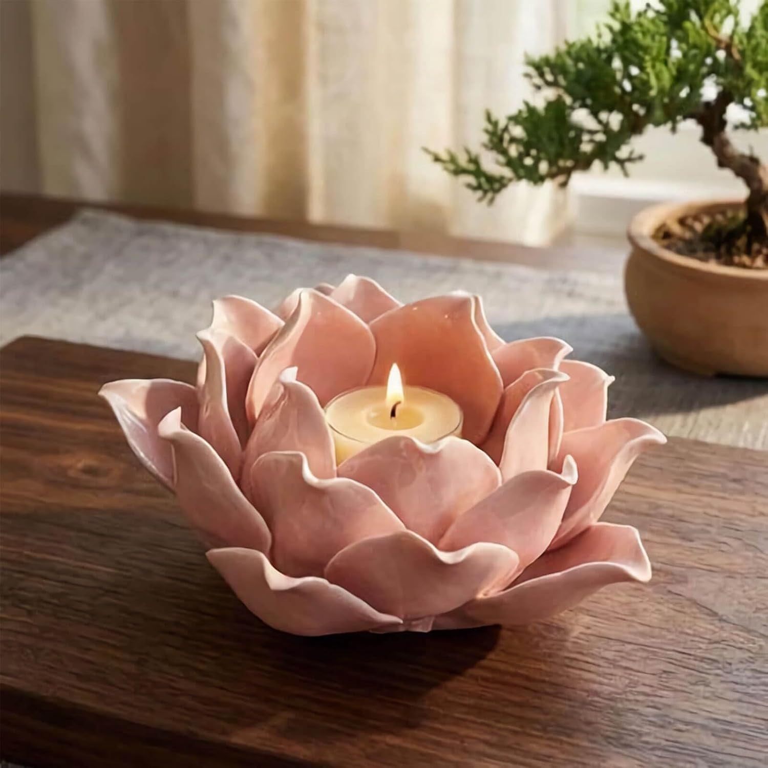 Pink Lotus Flower Candle Holder - Handmade Ceramic Lotus Tealight Candle Holders, Pink Lotus Candle Holders for Home Decoration, 1 Pack