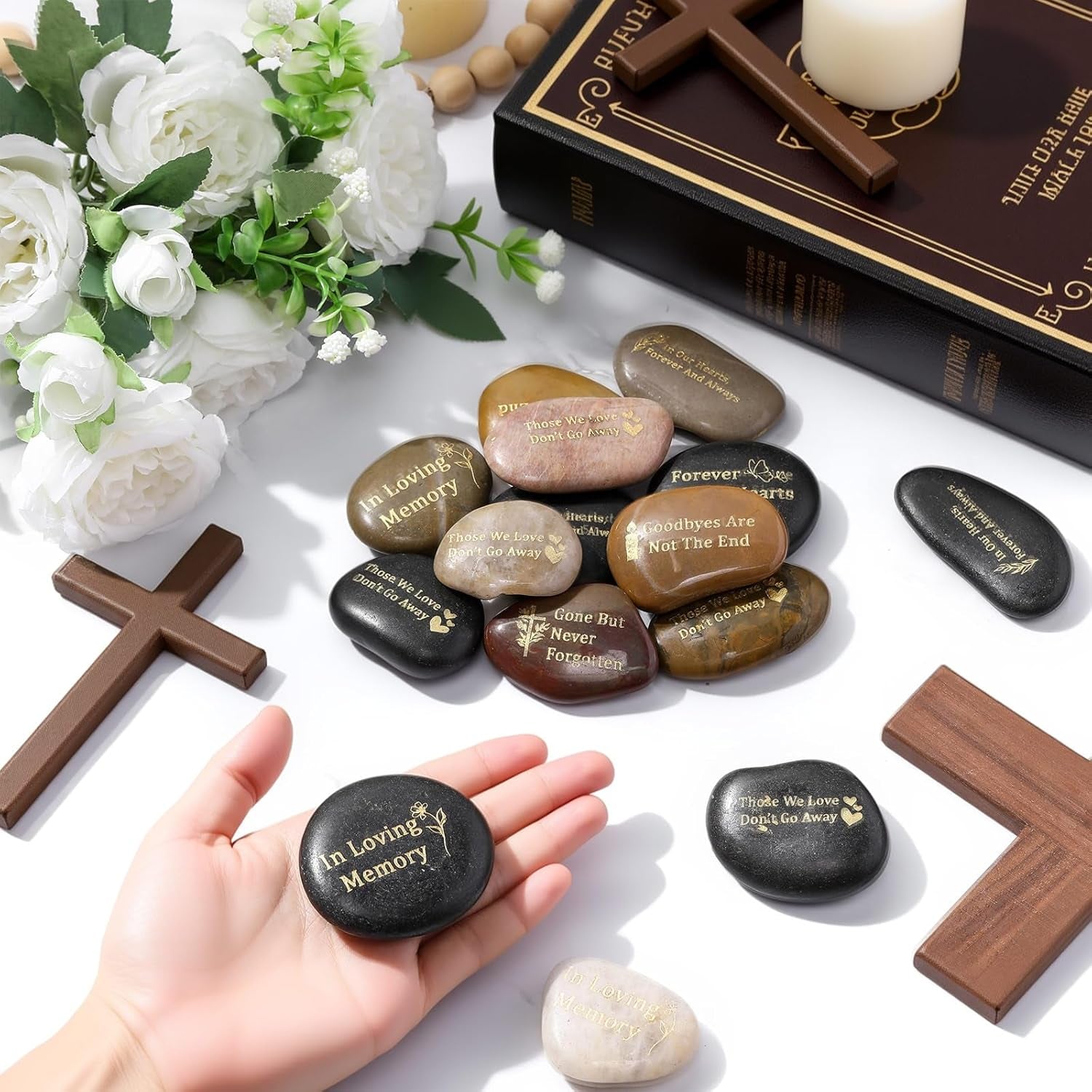 30 Pcs Memorial Stone 1.97 Inch Celebration of Life Favor Inspirational River Rock Engraved in Loving Memory Funeral Favor Decoration for Fathers Day Gift (Deep Color,Classic Style)