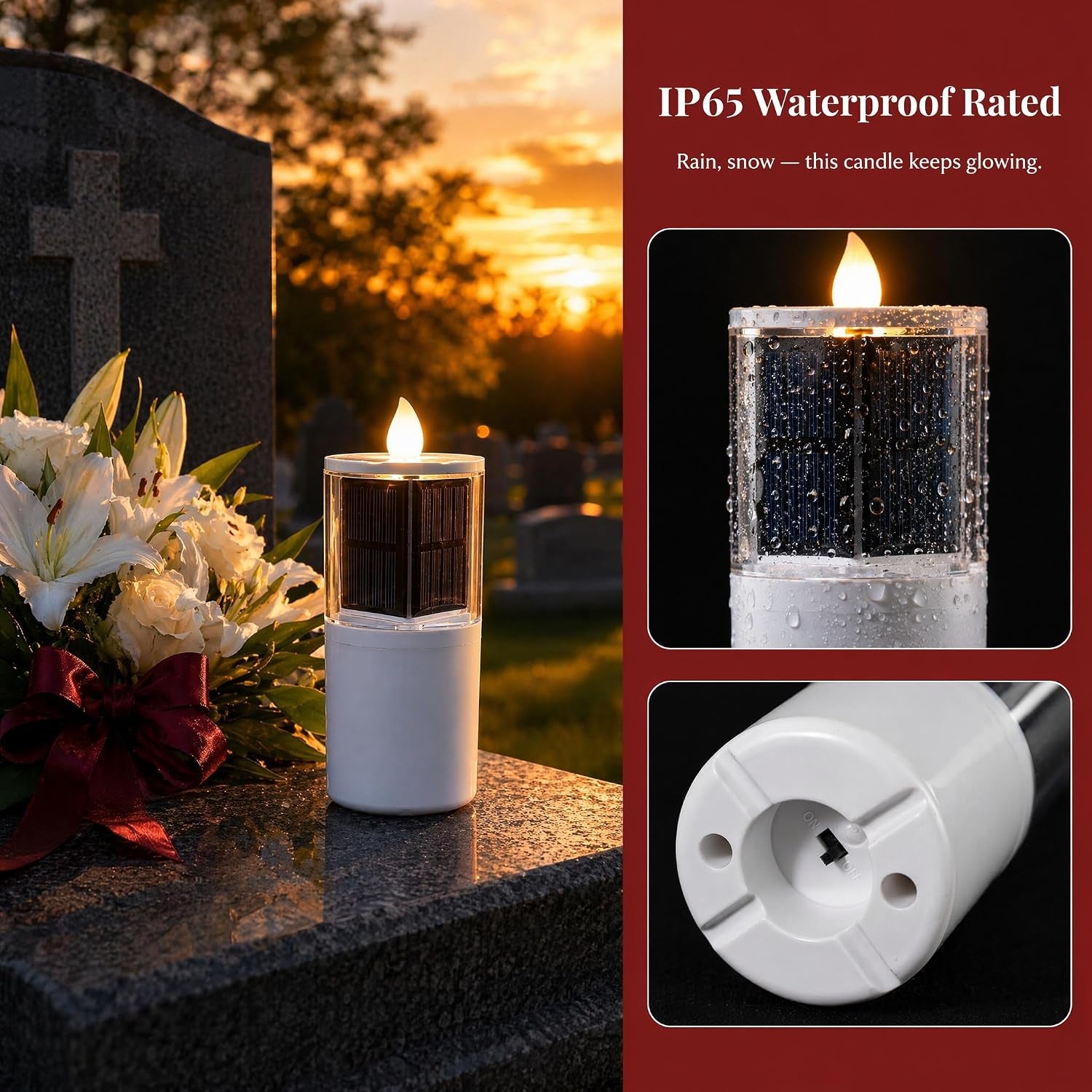 Solar Candles for Cemetery, 2.5"X6.5" Dusk to Dawn Memorial Grave Candle, Outdoor Waterproof Eternal Flame for Gravesite, Permanent Replacement for Traditional 7-Day Burning Candle (Set of 4)