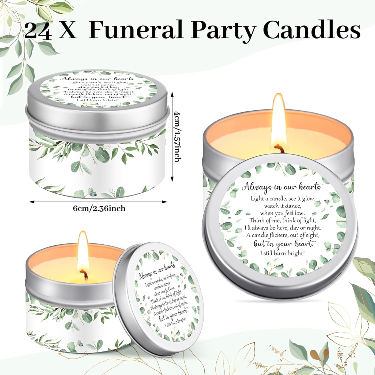 24 Pcs Celebration of Life Decorations Funeral Memorial Candles Funeral Keepsakes Favors for Guests Sympathy Candle for Loss of Loved One Bereavement Gifts(White,Greenery)