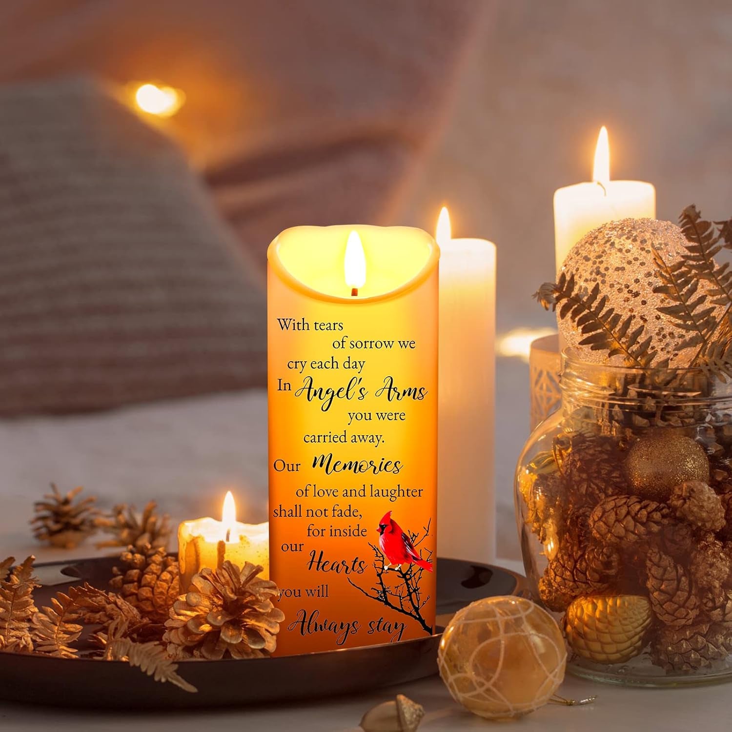 Memorial Candles Sympathy Gifts LED Flameless Cardinal Bereavement Candles for Loss of Loved One Sympathy Cardinal Gifts Battery Candle for Prayers(Retro Style)