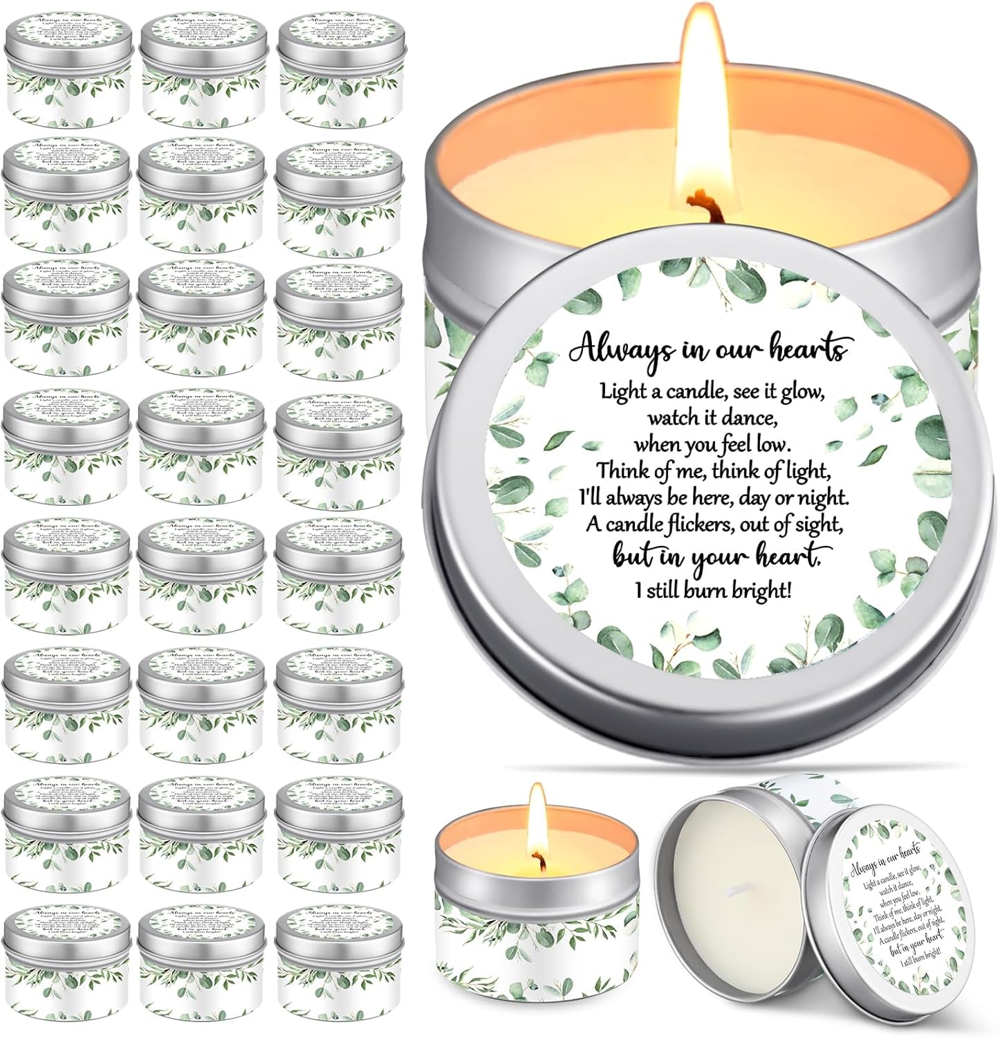 24 Pcs Celebration of Life Decorations Funeral Memorial Candles Funeral Keepsakes Favors for Guests Sympathy Candle for Loss of Loved One Bereavement Gifts(White,Greenery)