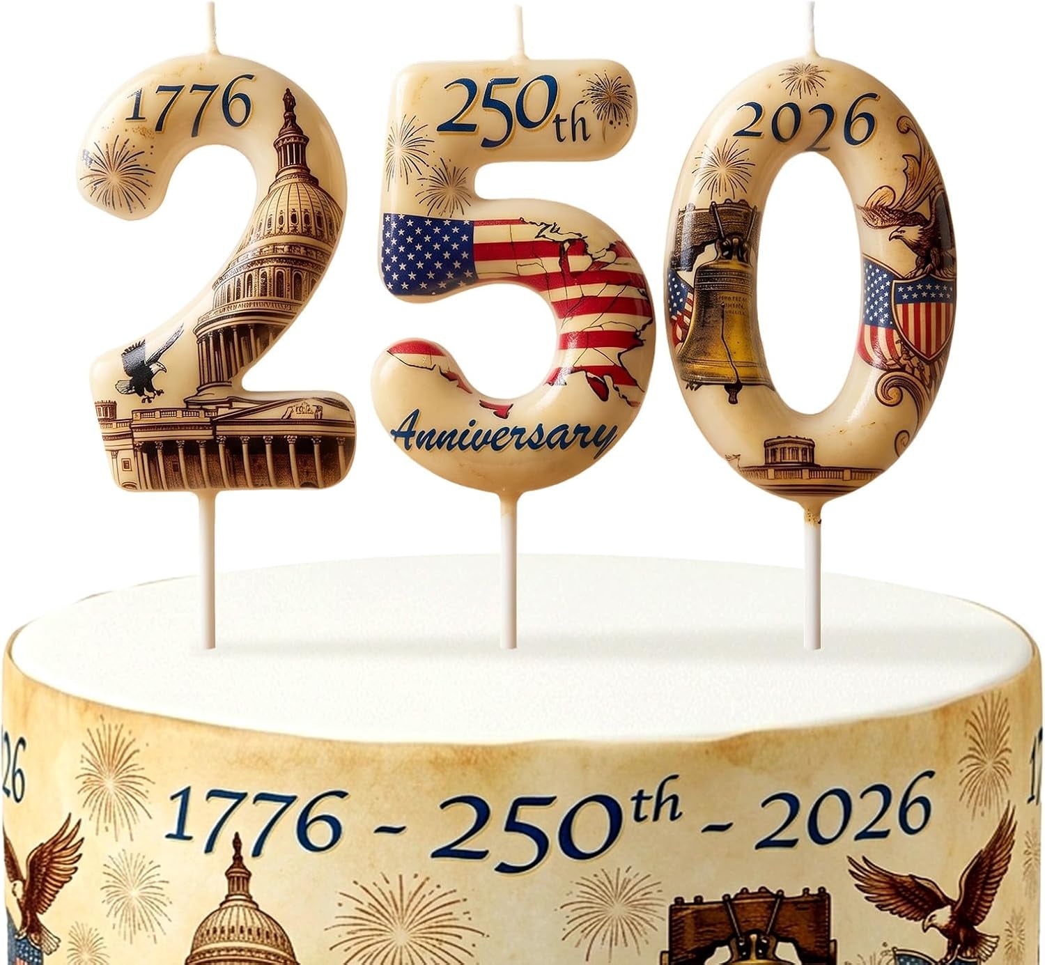 USA 250Th Anniversary Number Birthday Candles, Patriotic Themed Cake Topper for 4Th of July Independence Day & Memorial Day Party Decorations Supplies