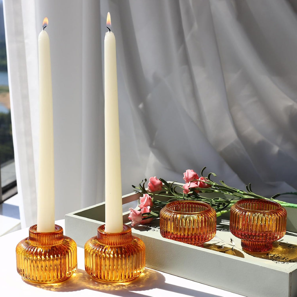 Candlestick Holders Set of 4, Amber Votive Candle Holders for Fall Wedding Table Centerpiece, Ribbed Glass Taper Candle Holders for Dinner Party Halloween Thanksgiving Decor