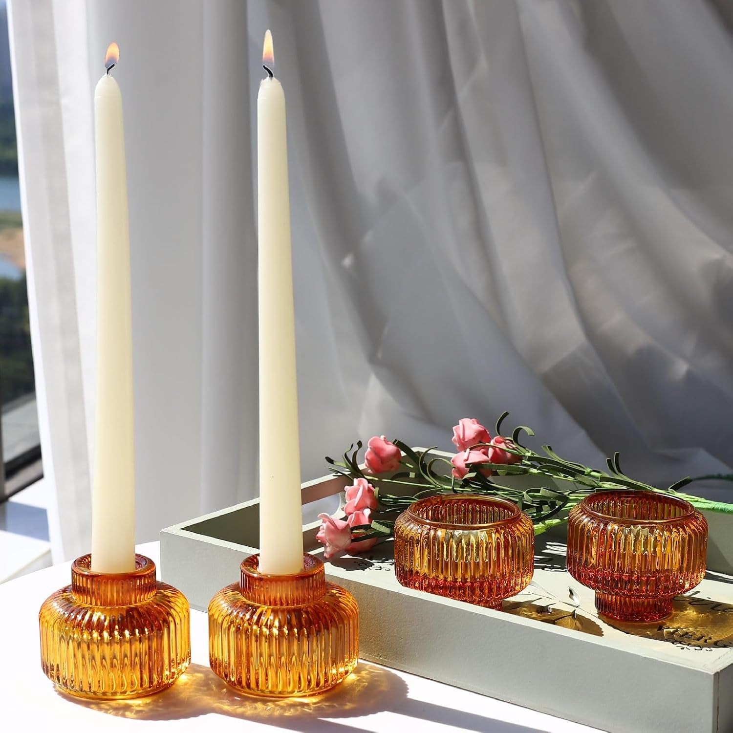 Candlestick Holders Set of 4, Amber Votive Candle Holders for Fall Wedding Table Centerpiece, Ribbed Glass Taper Candle Holders for Dinner Party Halloween Thanksgiving Decor