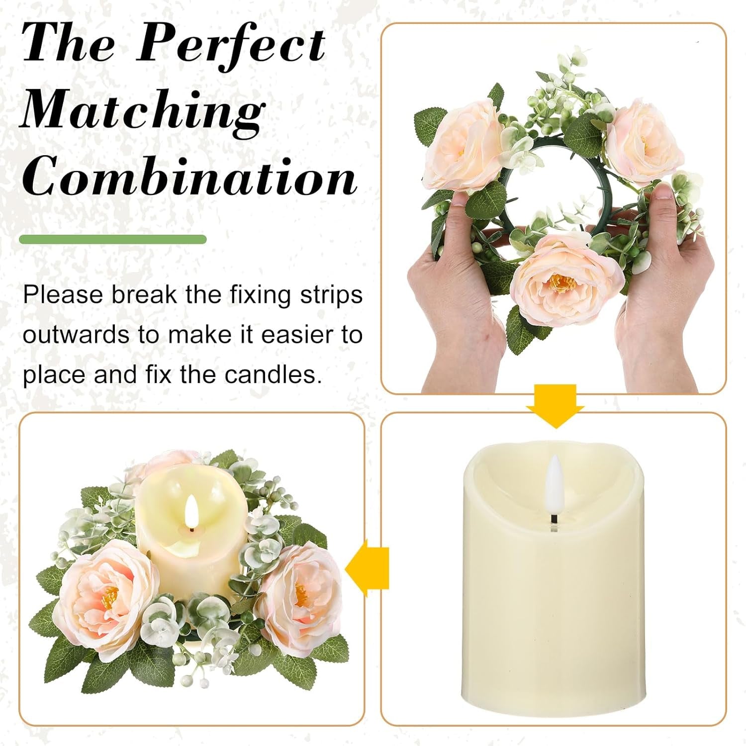 16 Set Rose Candle Rings Wreaths 3 Inch Center with Flameless LED Candles Artificial Rose Light Garland Fake Electric Votive Tealights Bulk Funeral Wedding Table Centerpieces Decor(Champagne)